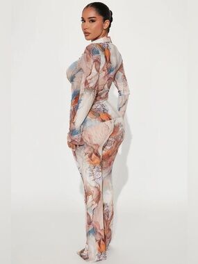 Fashion Nova Multicolor Sheer Print Jumpsuit